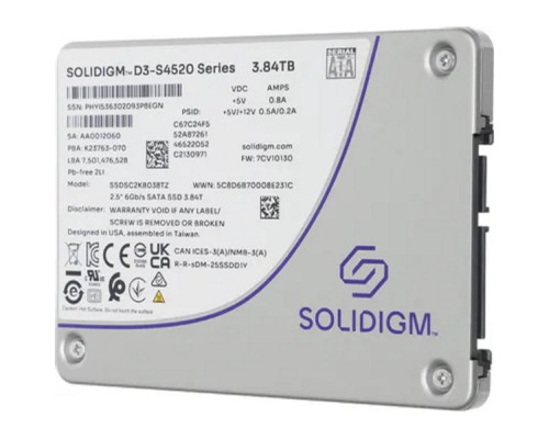 [накопитель] Накопитель Solidigm SSD D3-S4520 Series, 3840GB, 2.5" 7mm, SATA3, TLC, R/W 550/510MB/s, IOPs 92 000/31 000, TBW 15300, DWPD 2 (12 мес.)