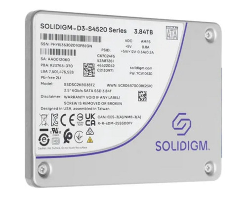 [накопитель] Накопитель Solidigm SSD D3-S4520 Series, 3840GB, 2.5" 7mm, SATA3, TLC, R/W 550/510MB/s, IOPs 92 000/31 000, TBW 15300, DWPD 2 (12 мес.)