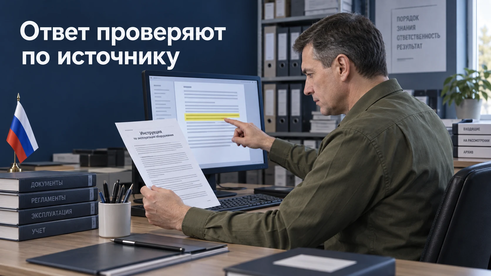 Сотрудник сверяет ответ помощника с исходной инструкцией. Ответ проверяют по источнику.