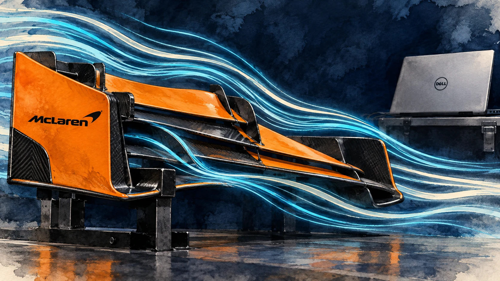 Модель антикрыла McLaren с условными линиями потока и ноутбук Dell